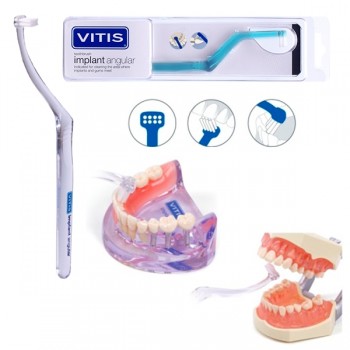 Зубная щетка VITIS® Implant Angular для чистки 8х зубов и труднодоступных областей лингвальной и апроксимальной поверхностей.
