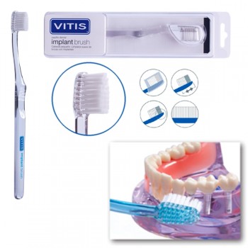 Зубная щетка VITIS® Implant Brush для пациентов с имплантами. Супер-мягкая, прямой профиль щетины, длина головки 2,0 мм.